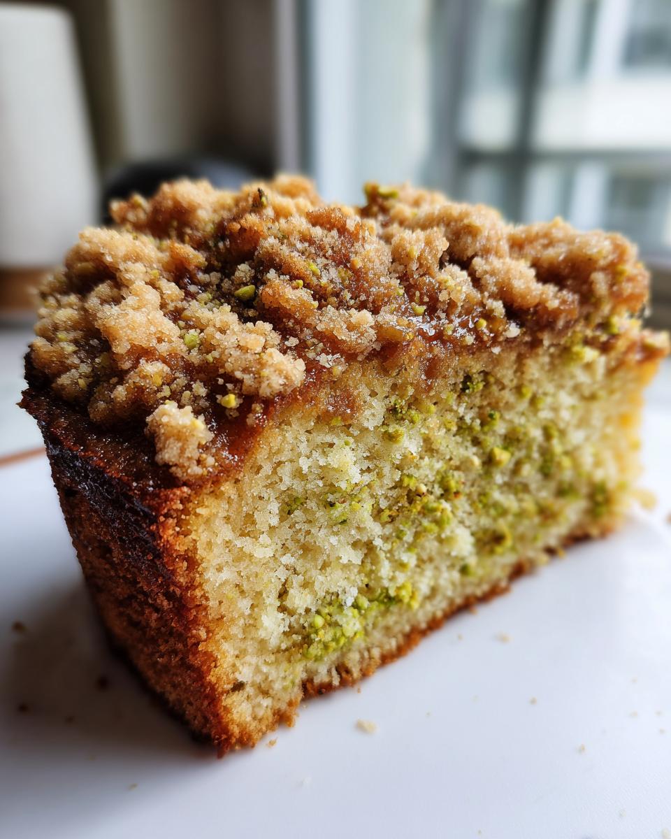 Close-up of a moist slice of pistachio coffee cake showing green pistachio pieces and a crunchy brown streusel topping.
