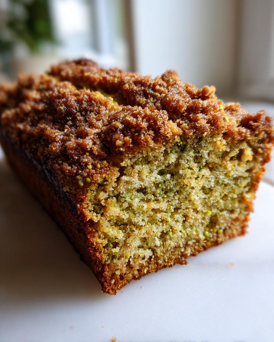 Close-up of a moist slice of pistachio coffee cake showing green nut pieces and a rich brown crumb topping.