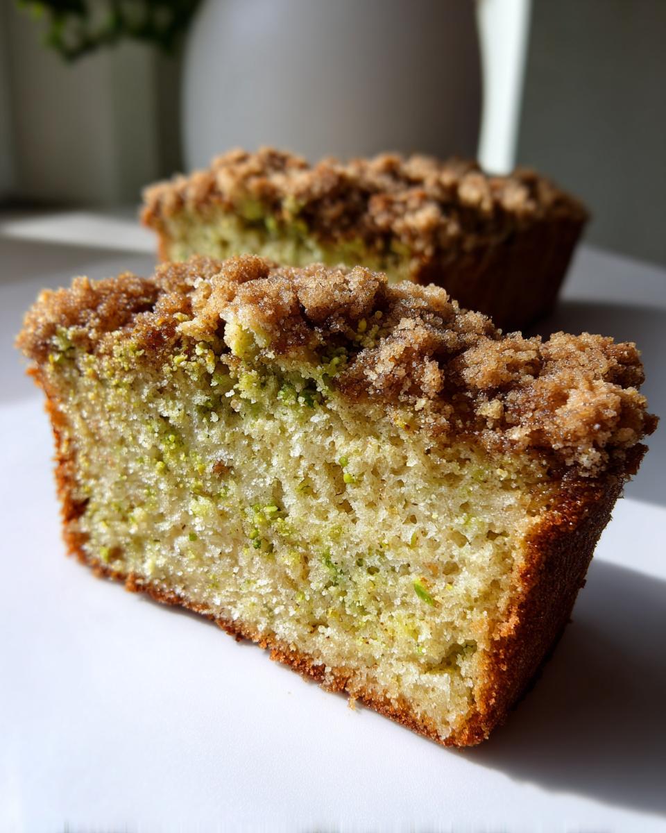 Close-up of a moist slice of pistachio coffee cake showing green pistachio pieces and a thick brown sugar crumb topping.