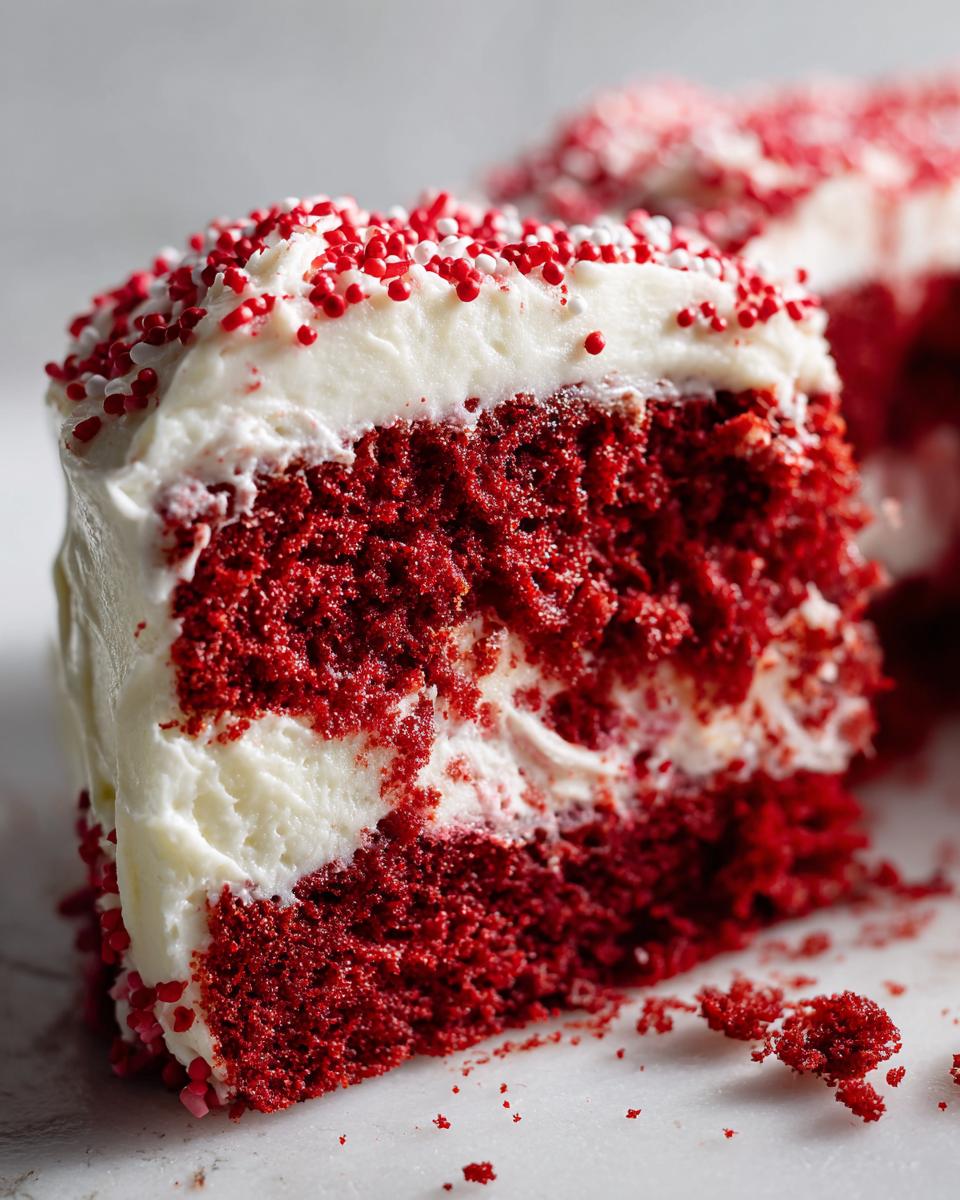 Close-up of a moist slice of red velvet poke cake topped with white frosting and red and white sprinkles.