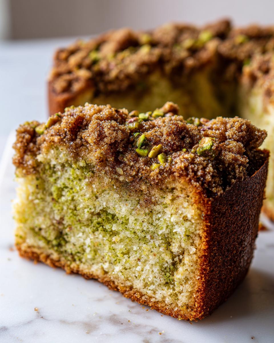 Close-up of a moist slice of pistachio coffee cake featuring a green pistachio swirl and a thick brown sugar streusel topping.