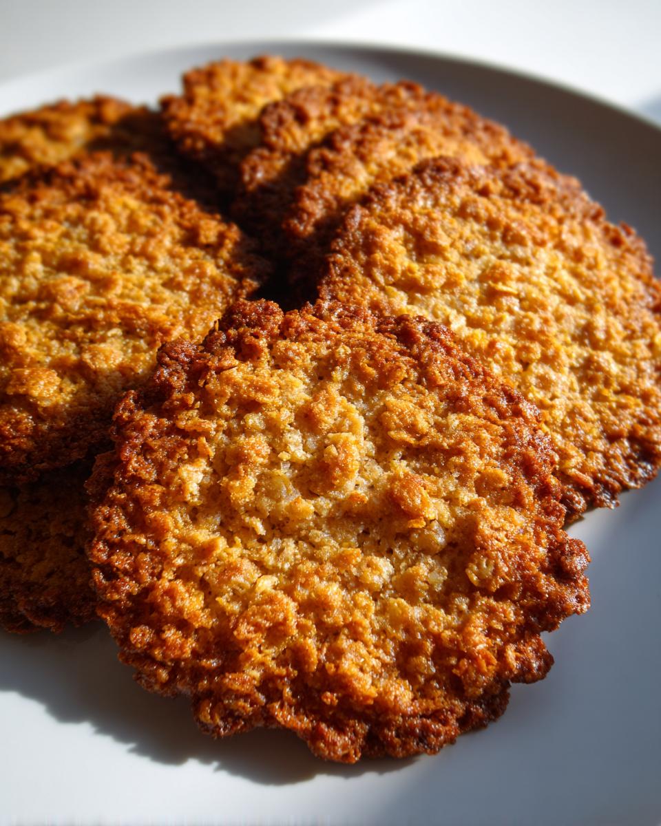 Close-up of several golden brown, crispy oatmeal lace cookies stacked slightly on a white plate.