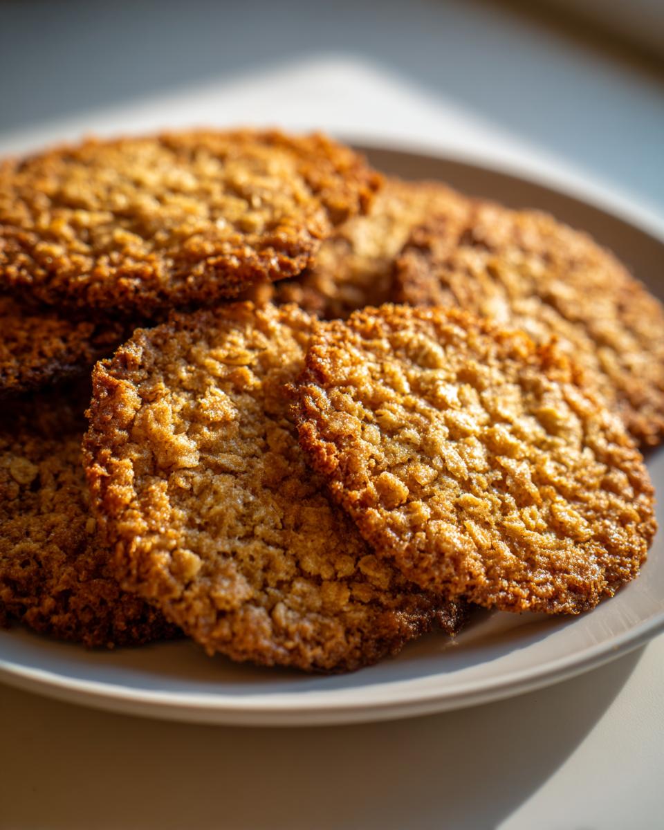 Close-up of several golden brown, crispy oatmeal lace cookies stacked on a light-colored plate.