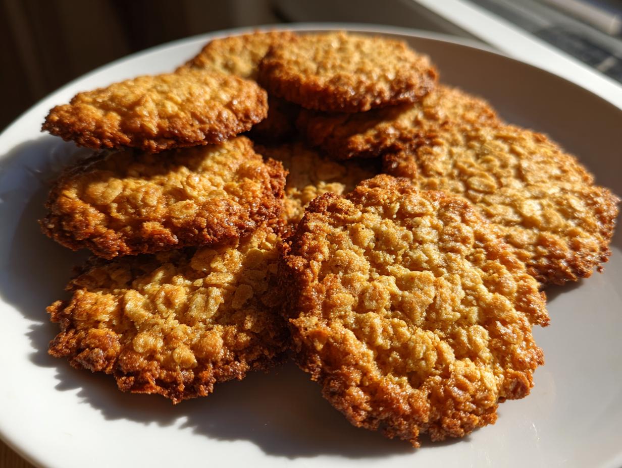 A close-up of several golden brown, chewy oatmeal lace cookies stacked on a white plate.