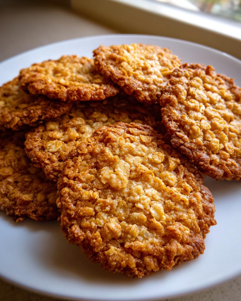 A close-up stack of golden brown, crispy-edged oatmeal lace cookies resting on a white plate.