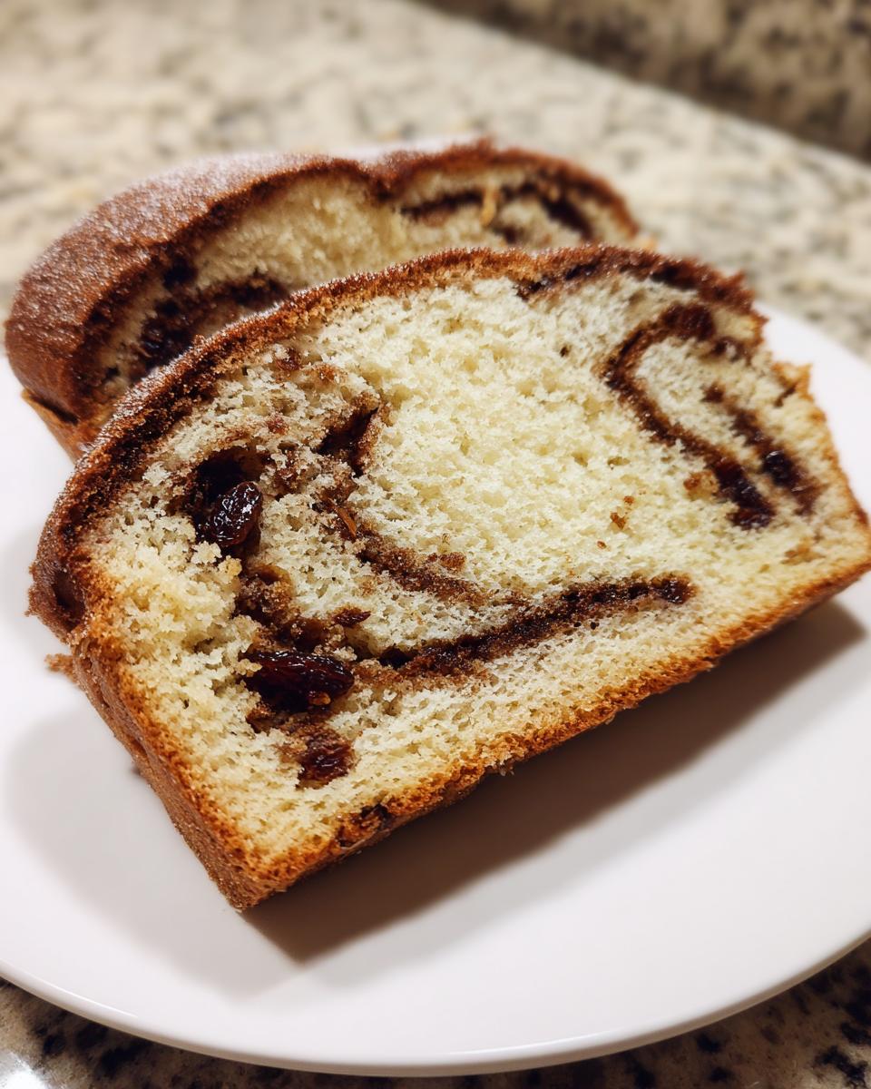 Close-up of two slices of moist raisin bread featuring a cinnamon swirl and visible raisins.