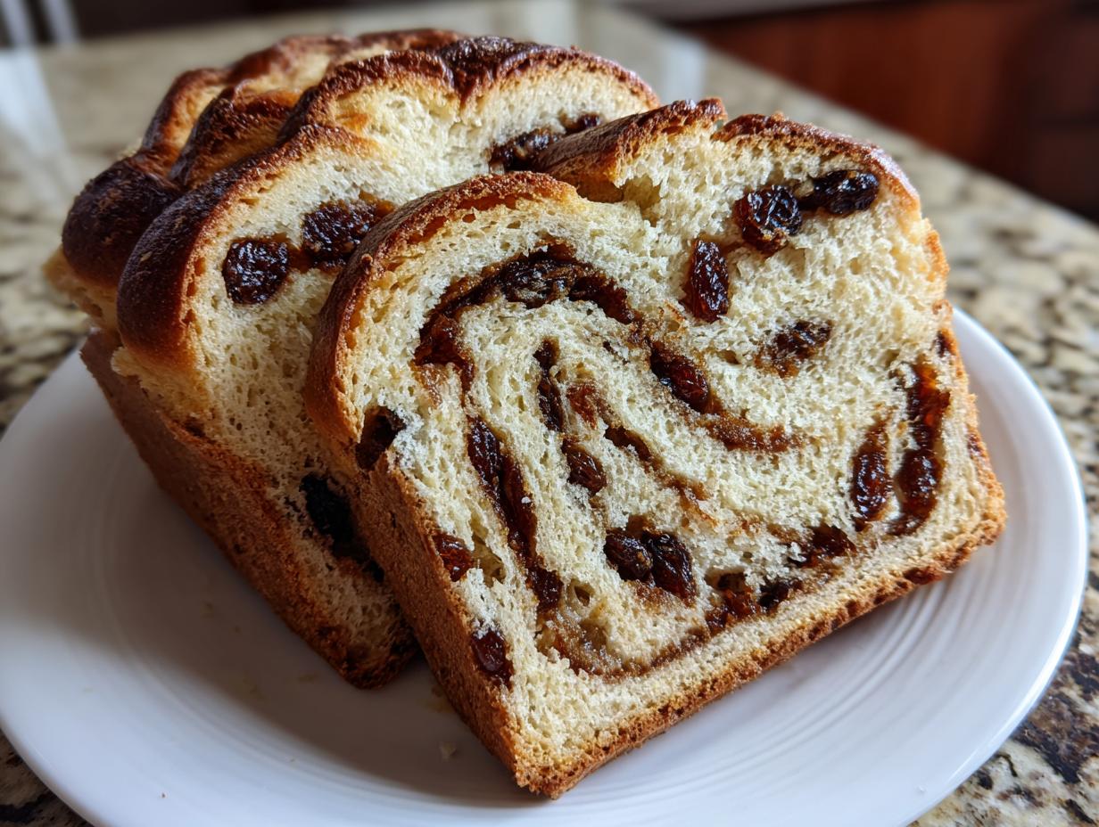 Close-up of three thick slices of homemade raisin bread showing the swirl pattern and plump raisins.