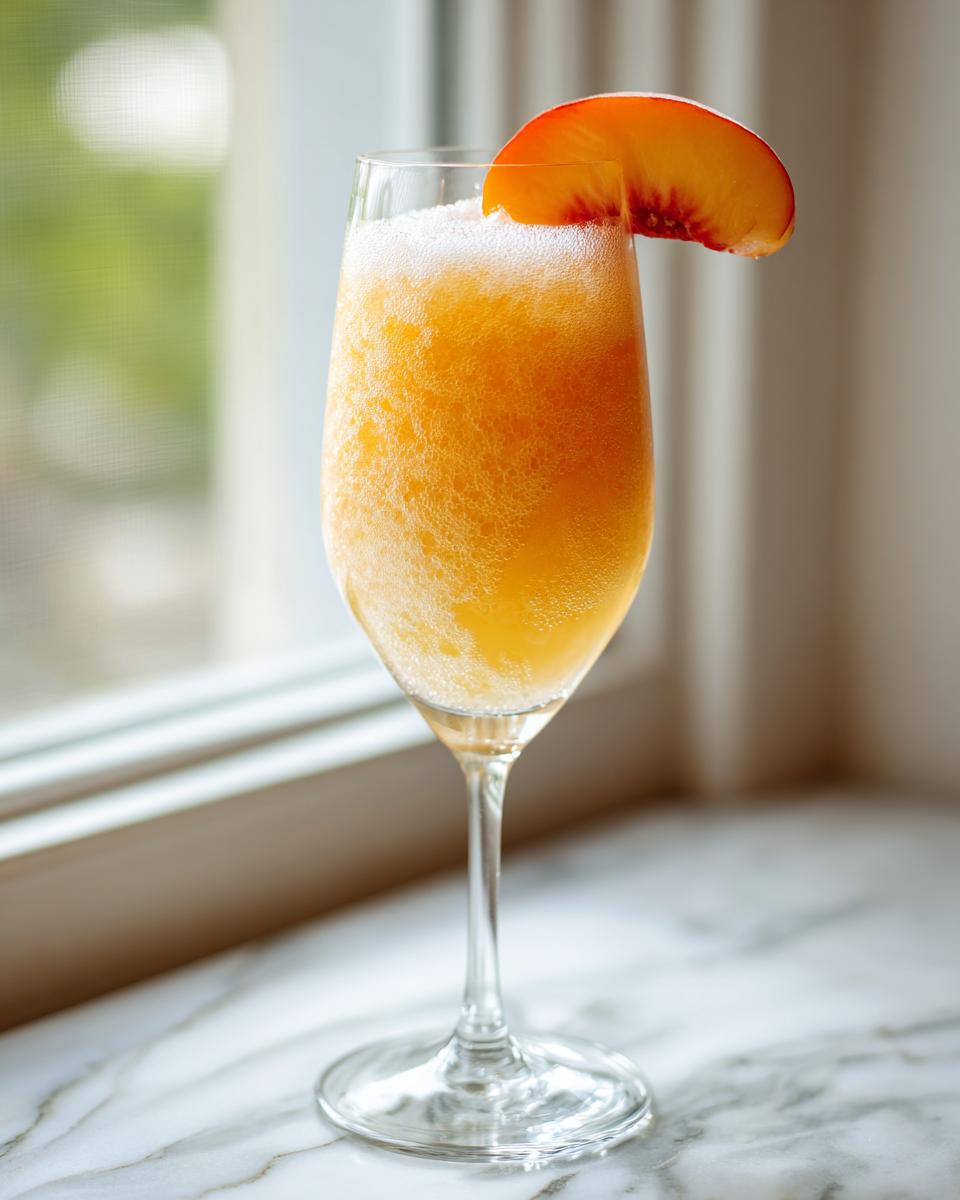 A tall flute glass filled with a frothy, orange-hued bellini recipe, garnished with a fresh peach slice.