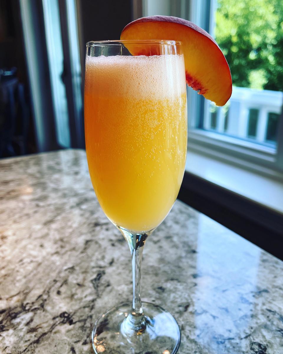 A refreshing peach bellini recipe cocktail served in a champagne flute, garnished with a fresh peach slice.