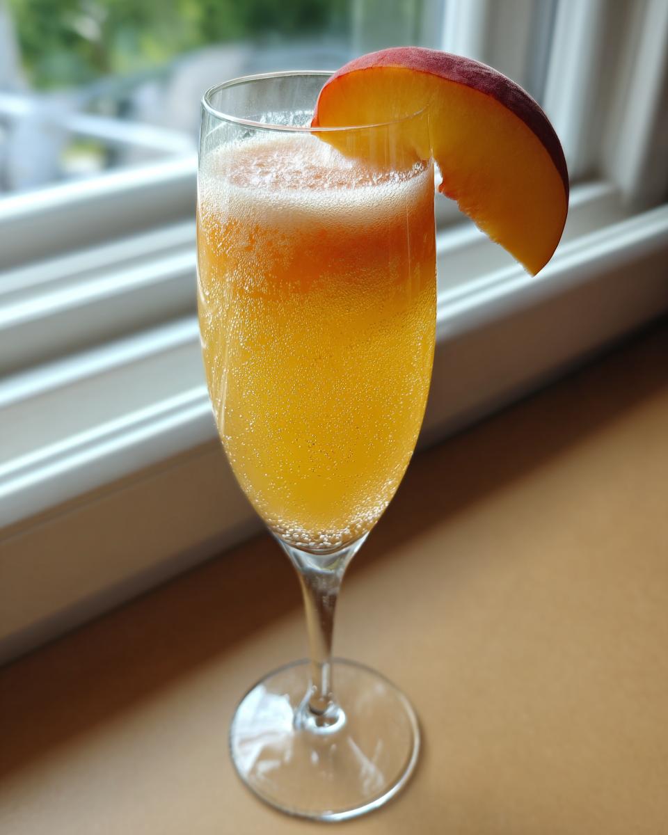 A sparkling, orange-hued bellini recipe cocktail garnished with a fresh peach slice in a champagne flute.