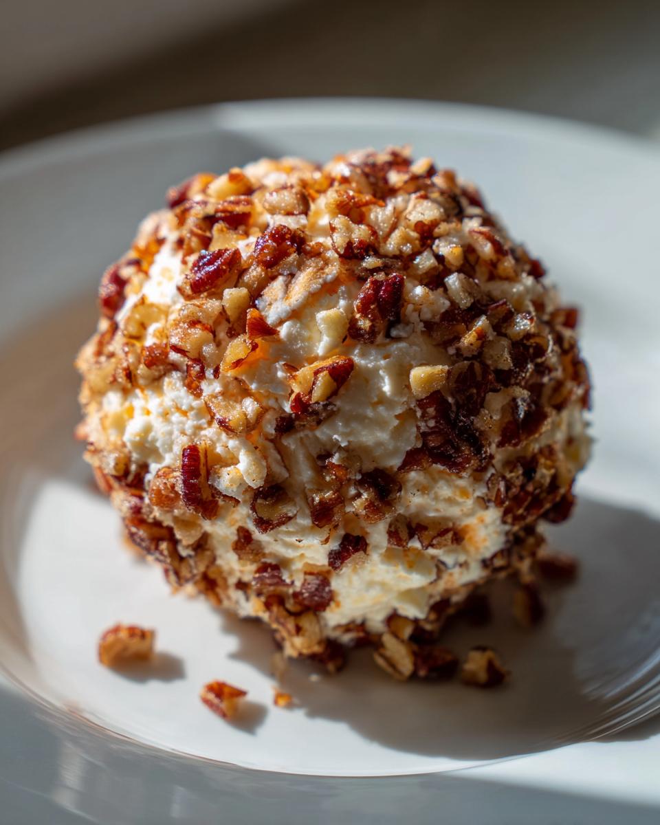 A close-up of a creamy cheese ball recipe coated entirely in chopped pecans, sitting on a white plate.