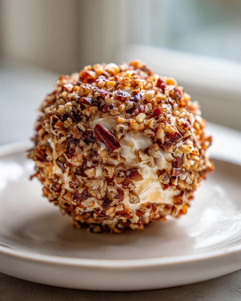A perfectly formed cheese ball recipe coated entirely in chopped pecans, resting on a light-colored plate.