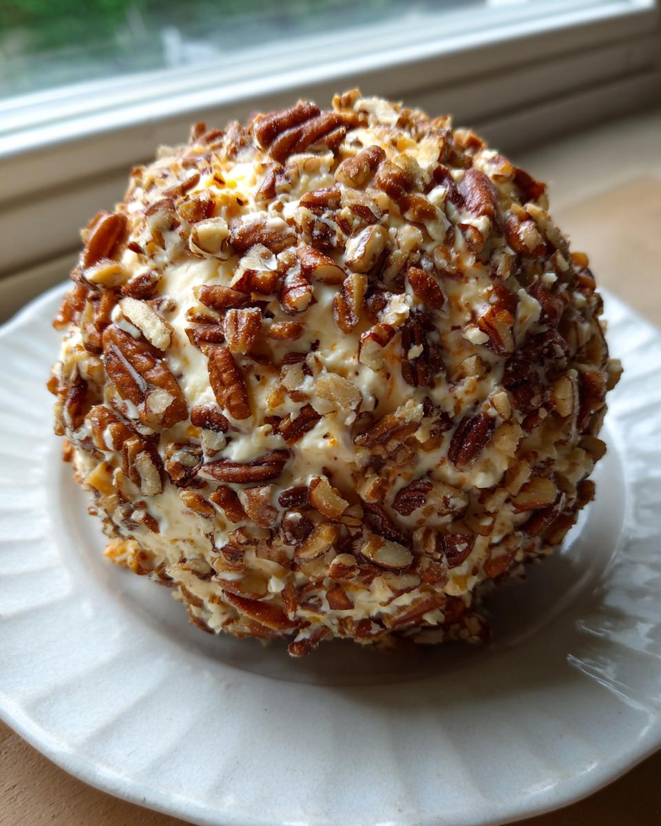 A perfectly formed cheese ball recipe coated entirely in chopped pecans, resting on a white plate.