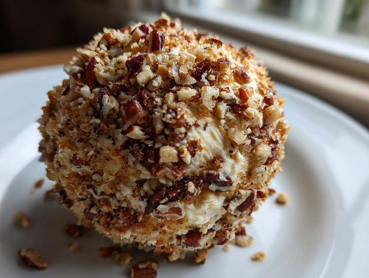 A close-up, featured image of a creamy cheese ball recipe coated entirely in chopped pecans, sitting on a white plate.