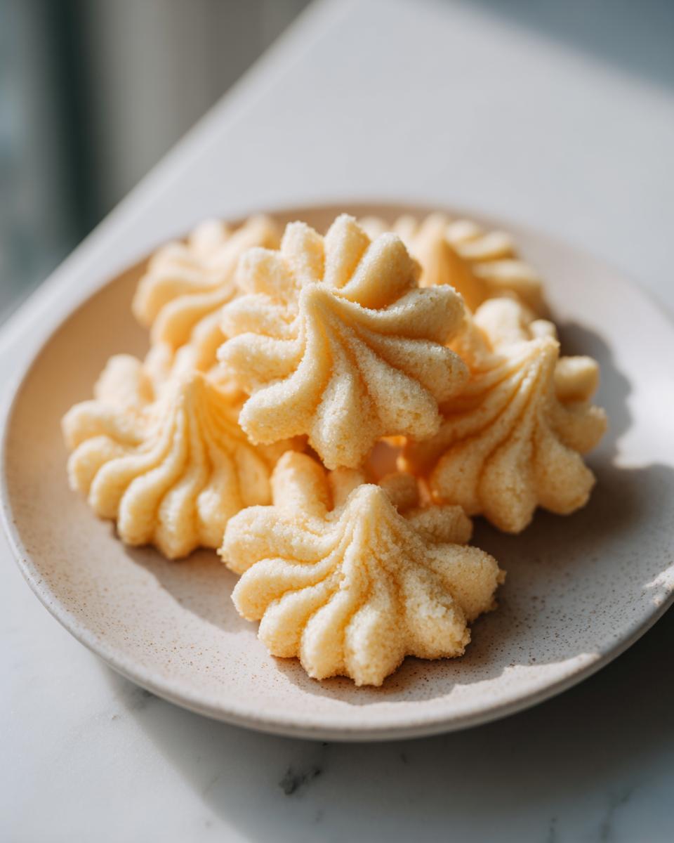 A close-up of several light yellow, star-shaped piped butter cookie treats stacked on a speckled ceramic plate.