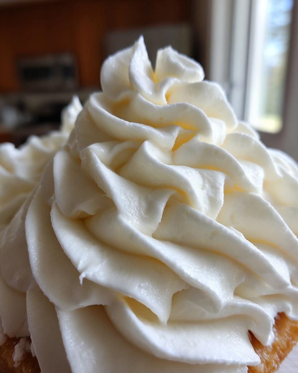 Extreme close-up of perfectly piped, bright white cream cheese frosting on top of a baked good.
