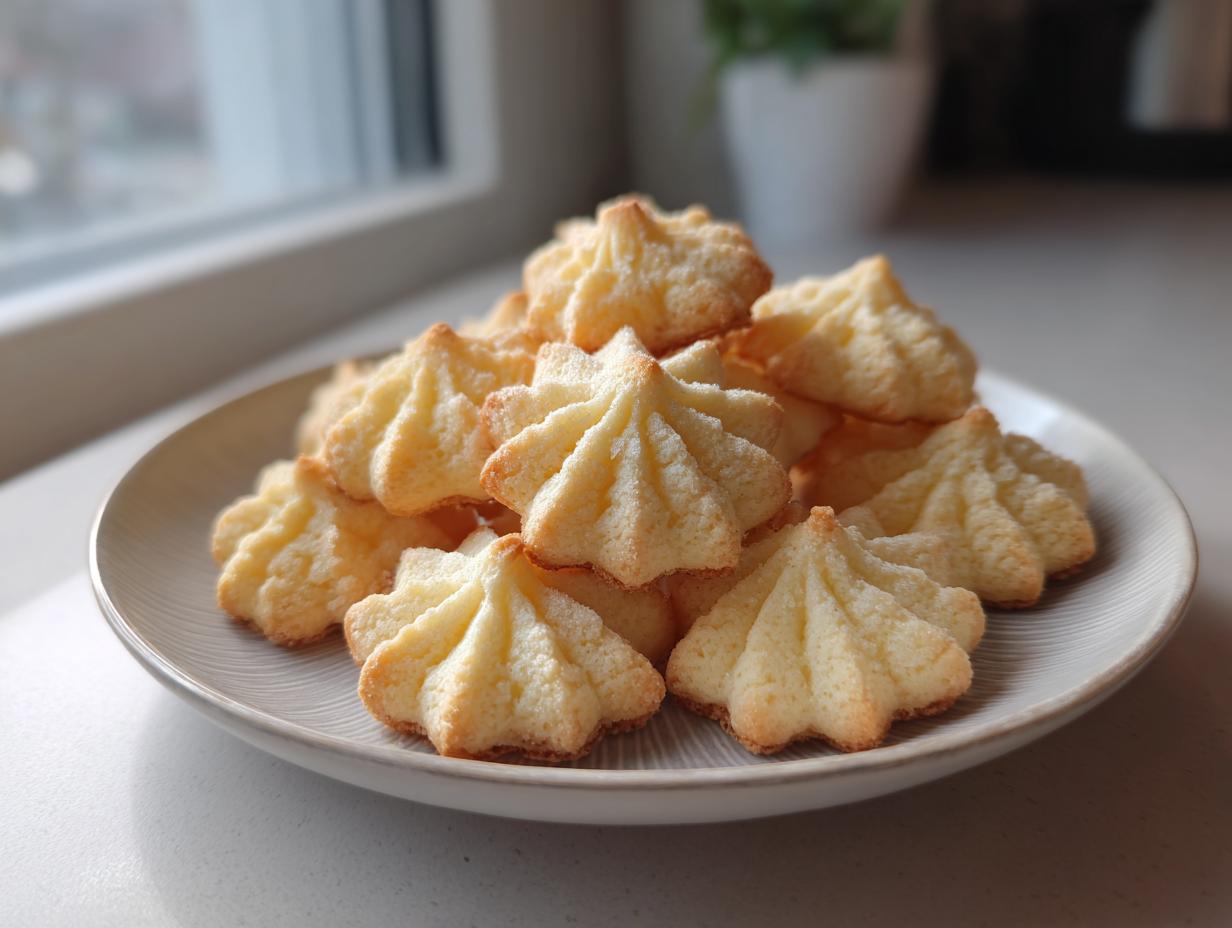 A plate stacked high with freshly baked, piped star-shaped butter cookie treats, lightly golden brown.