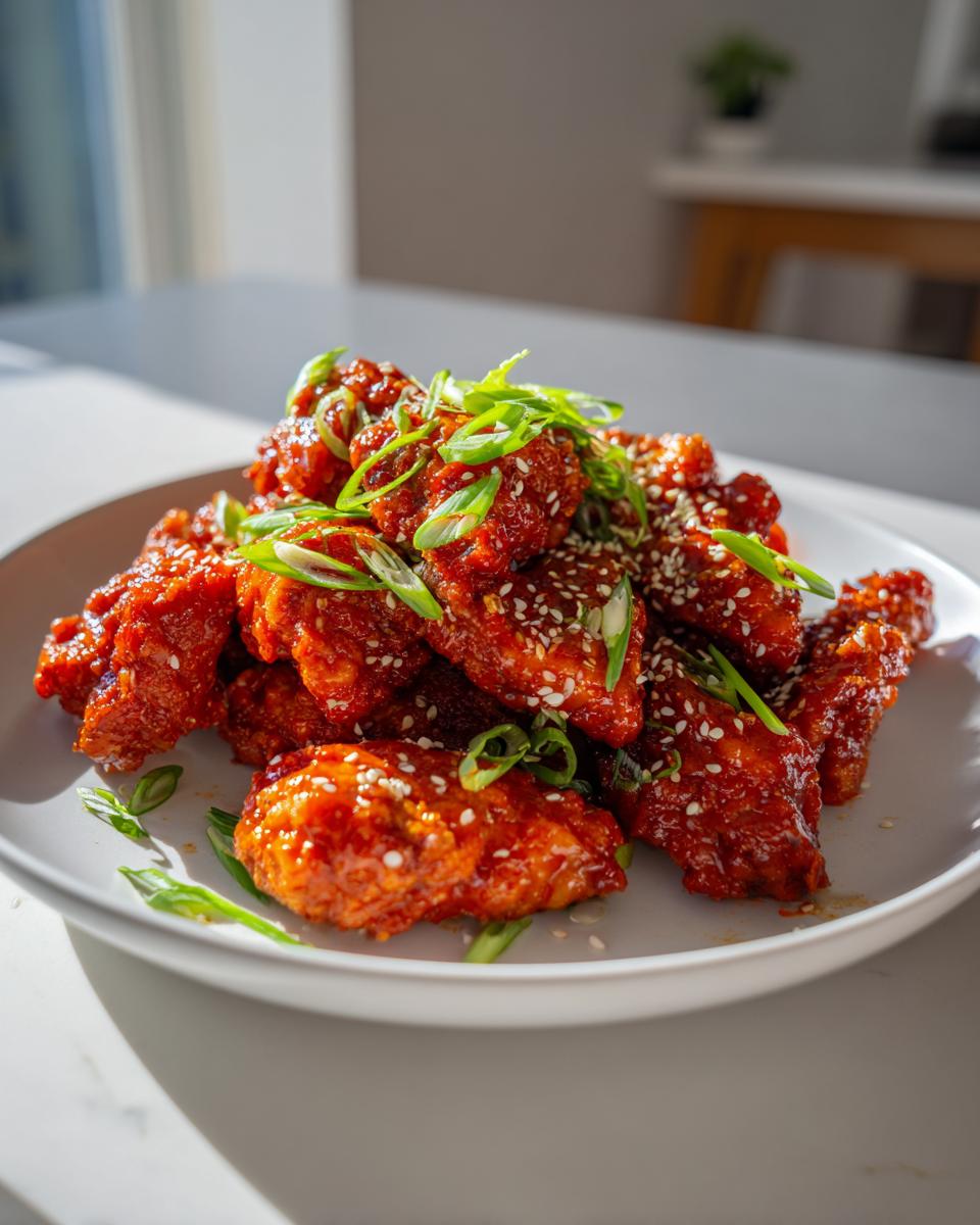 A plate piled high with sticky, bright red gochujang chicken pieces, garnished with sesame seeds and sliced green onions.