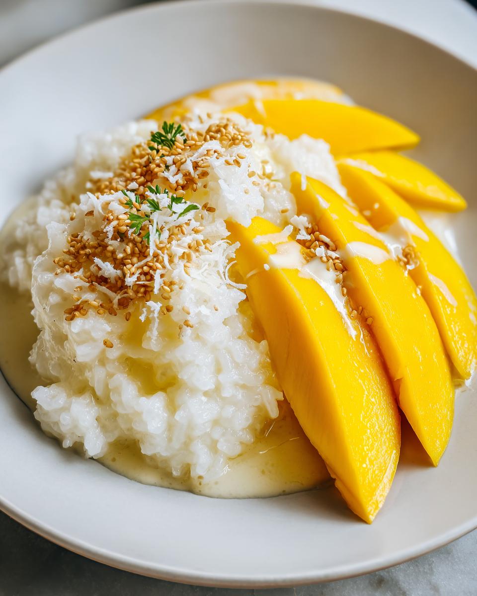 Close-up of delicious mango sticky rice served on a white plate, topped with toasted sesame seeds.