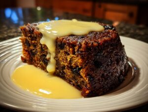 A dark, rich slice of plum pudding topped with a generous pour of creamy yellow custard sauce.