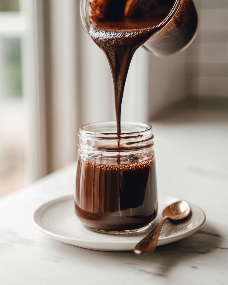 Thick, rich chocolate syrup being poured from a glass container into a small jar, ready for storage.