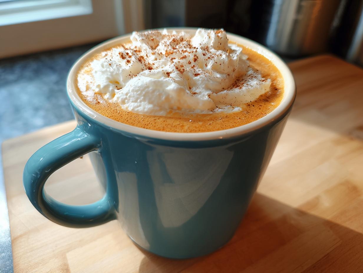 Close-up of a homemade pumpkin spice latte topped with whipped cream and cinnamon in a blue mug.