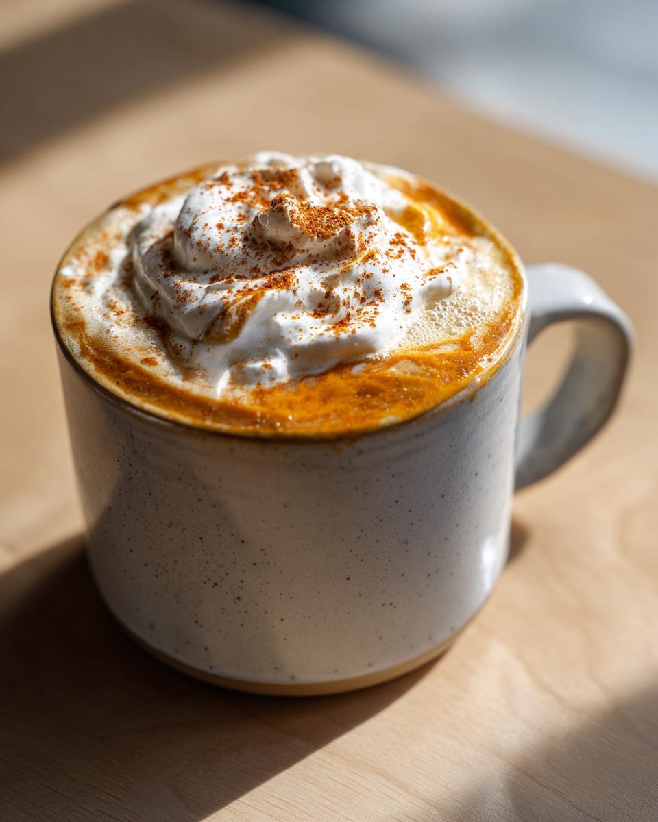Close-up of a delicious pumpkin spice latte topped with whipped cream and sprinkled cinnamon in a speckled white mug.