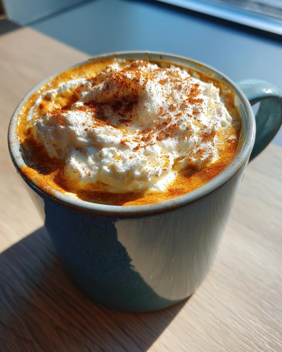Close-up of a rich pumpkin spice latte topped with a generous swirl of whipped cream and dusted with cinnamon.