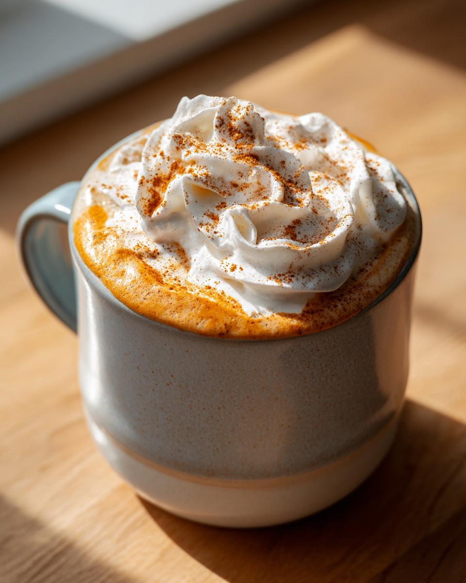 Close-up of a perfectly made pumpkin spice latte topped with whipped cream and cinnamon dusting.