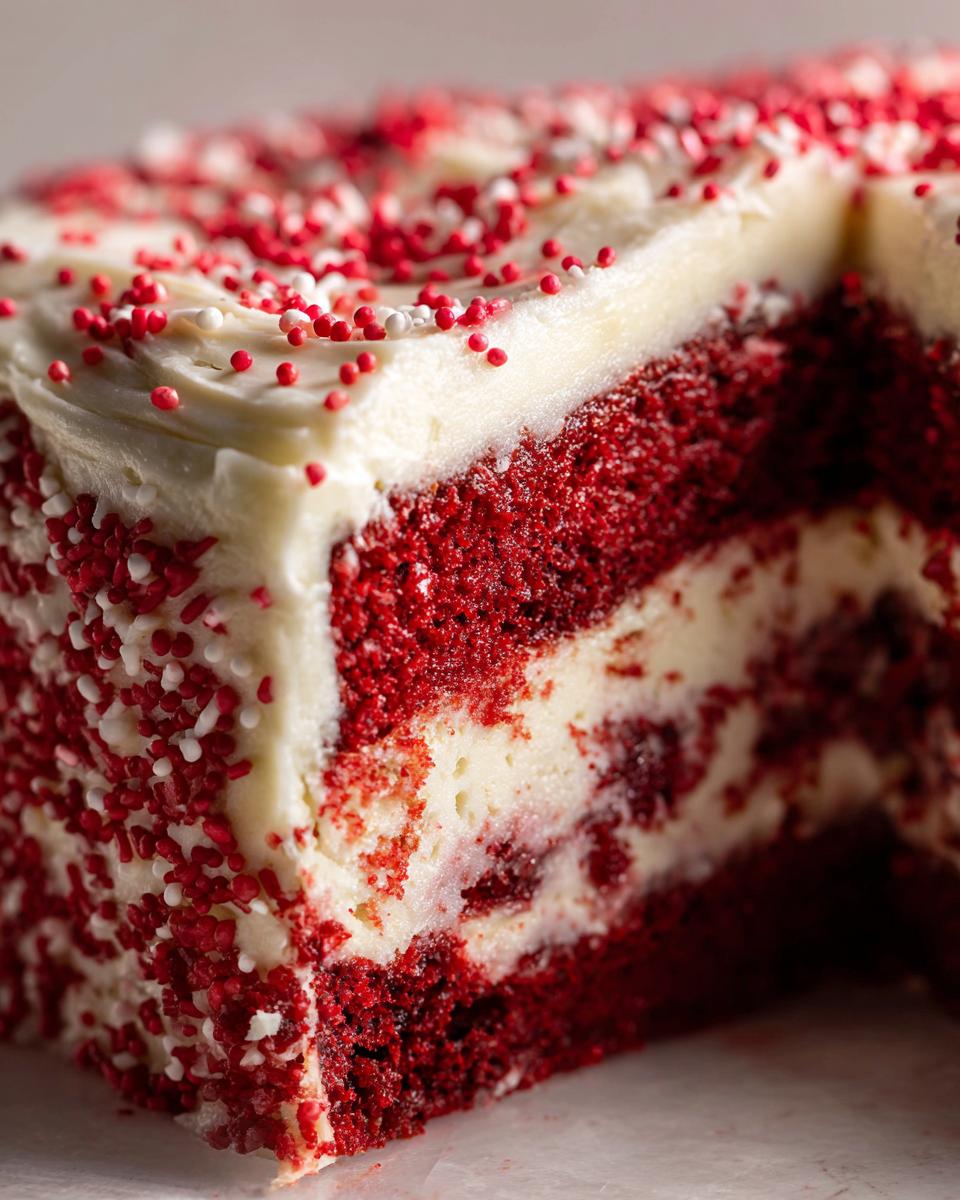 Close-up of a slice of moist red velvet poke cake showing layers of red cake and white filling, topped with cream cheese frosting and sprinkles.