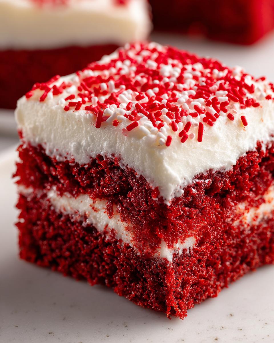 Close-up of a moist slice of red velvet poke cake topped with cream cheese frosting and red and white sprinkles.