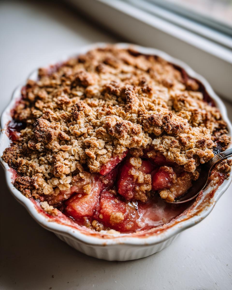 A close-up shot of a warm rhubarb crisp in a white dish, showing the bubbling fruit filling and crunchy oat topping.