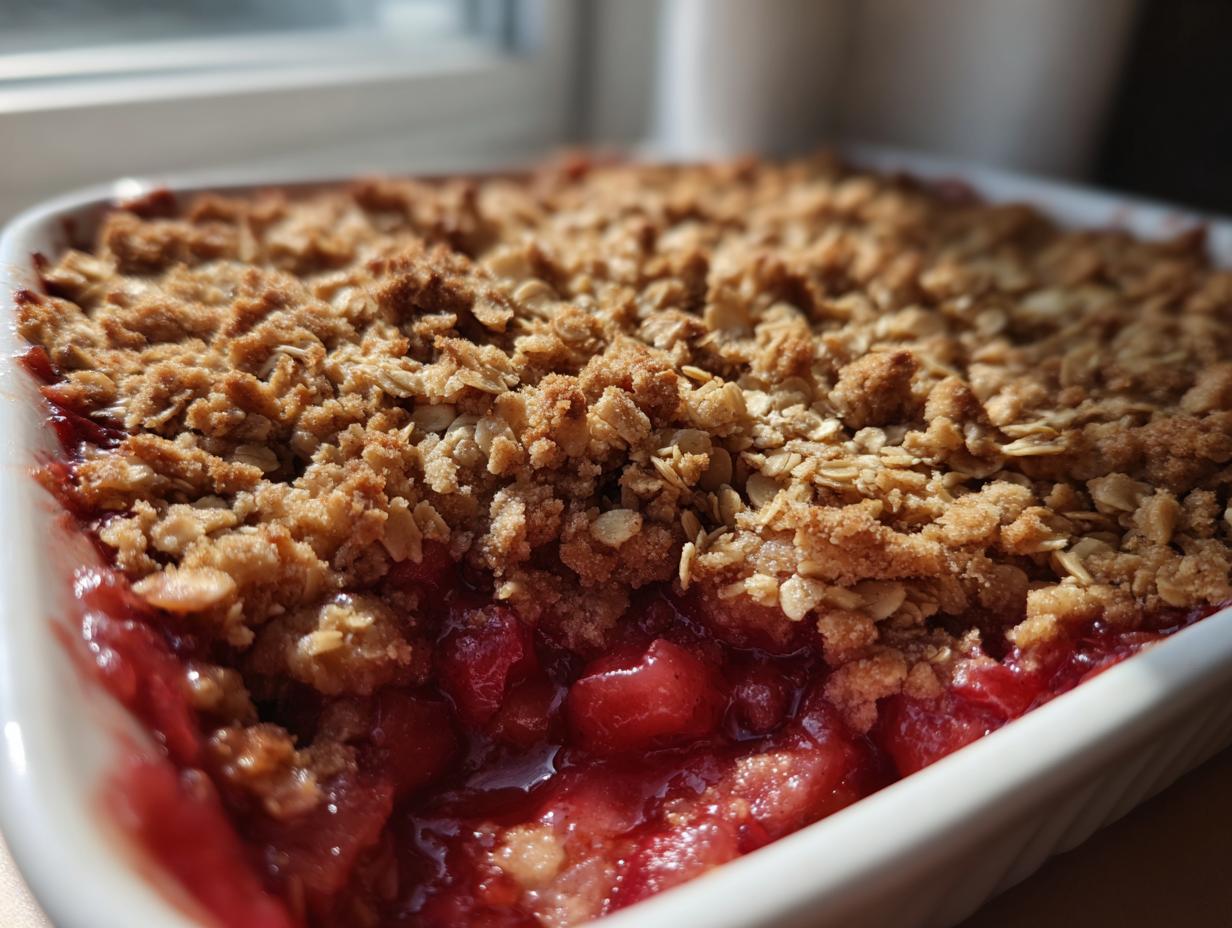 A close-up view of a bubbling, freshly baked rhubarb crisp with a golden, crumbly oat topping and bright red fruit filling.