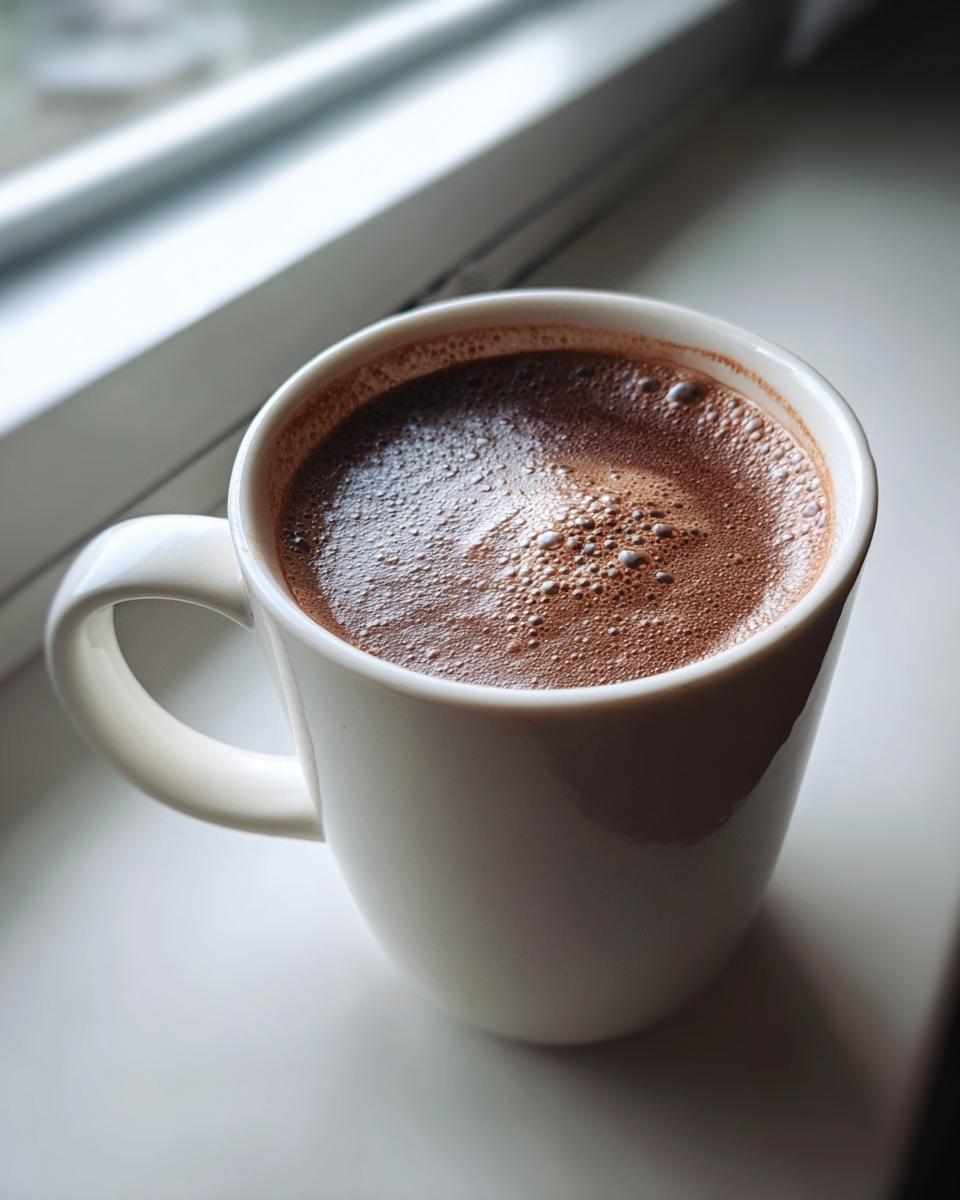 Close-up of rich, foamy homemade hot cocoa in a white mug sitting on a bright windowsill.