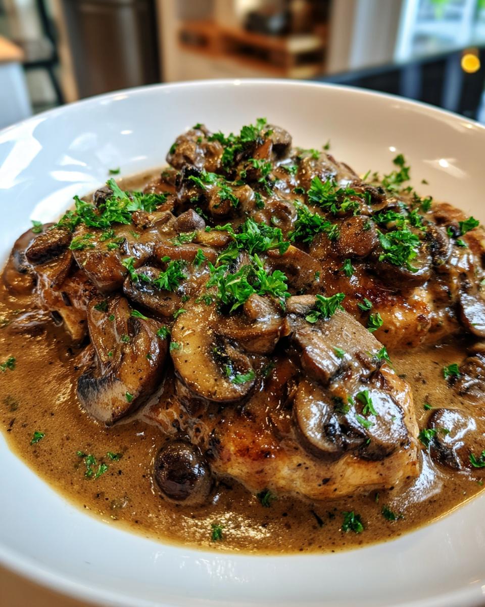 Close-up of a seared chicken breast smothered in a rich mushroom sauce and topped with fresh parsley.