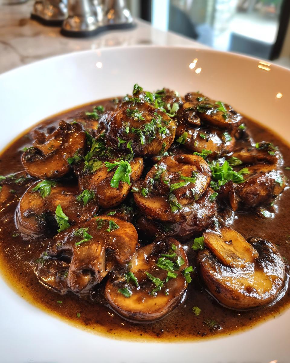 Close-up of whole and halved mushrooms swimming in a rich, dark brown mushroom sauce, garnished with fresh parsley.