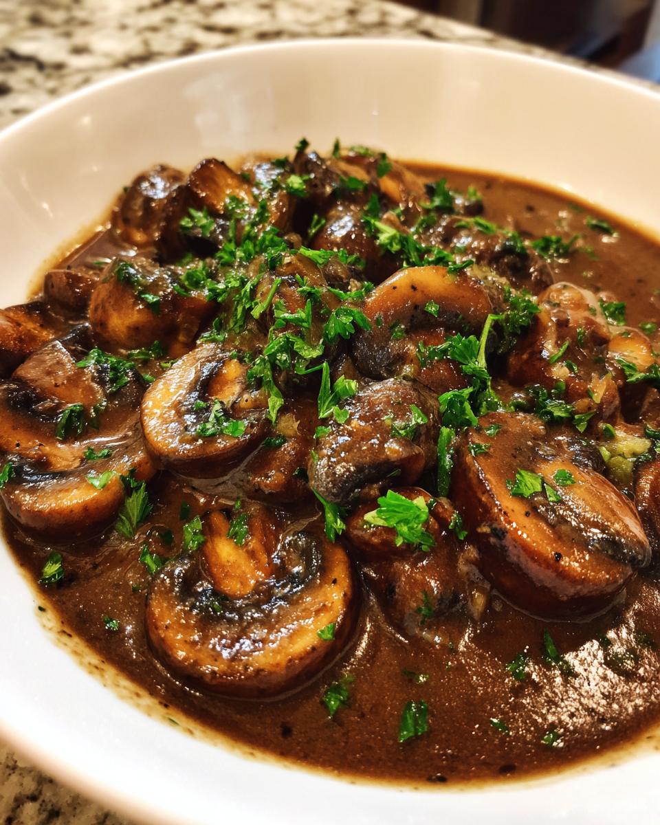 Close-up of a rich mushroom sauce filled with sliced mushrooms and topped with fresh chopped parsley.
