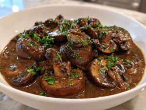 Close-up of rich mushroom sauce with whole and sliced mushrooms, garnished with parsley.