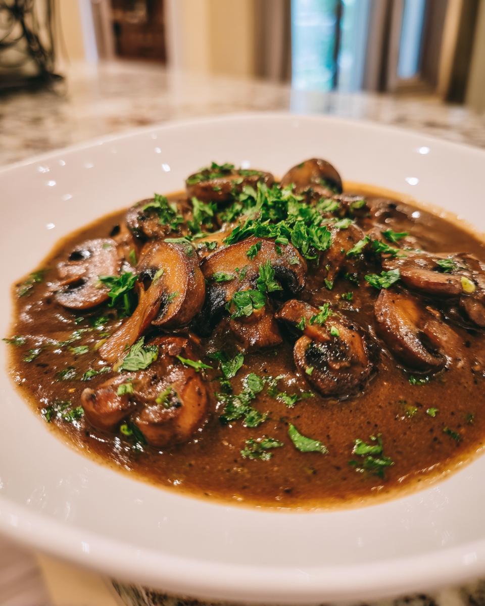 Close-up of a rich, brown mushroom sauce filled with sliced mushrooms and topped with fresh parsley.