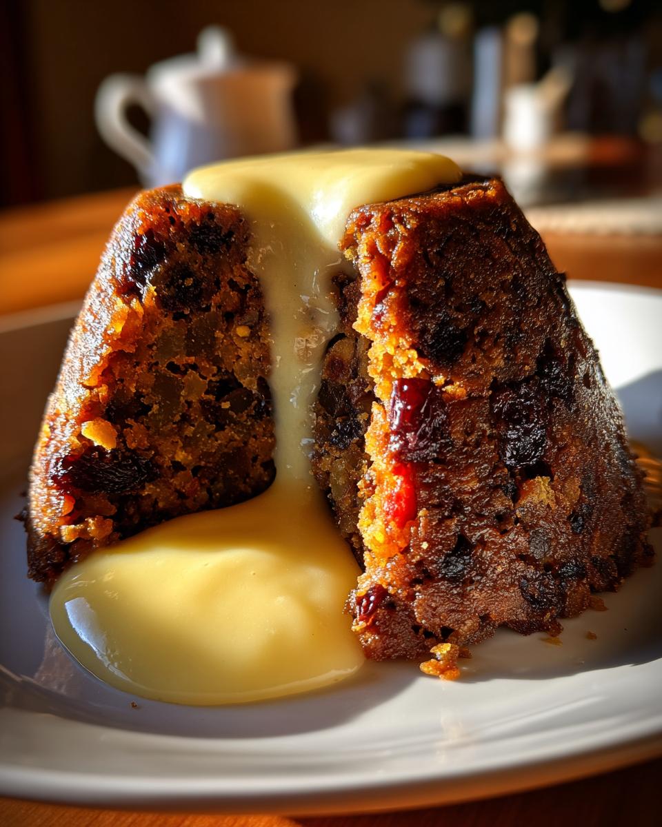 A rich, dark slice of plum pudding cut open and generously covered in flowing yellow custard.
