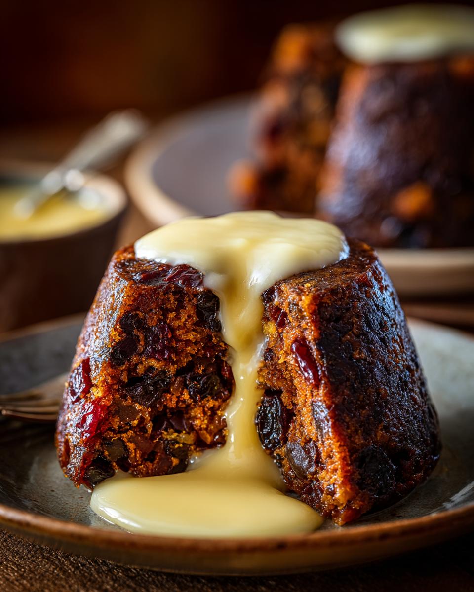 Close-up of a rich, dark plum pudding cut open, generously topped with flowing vanilla custard sauce.
