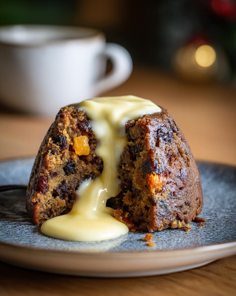 A rich, dark plum pudding cut open, generously topped with thick, creamy custard sauce.