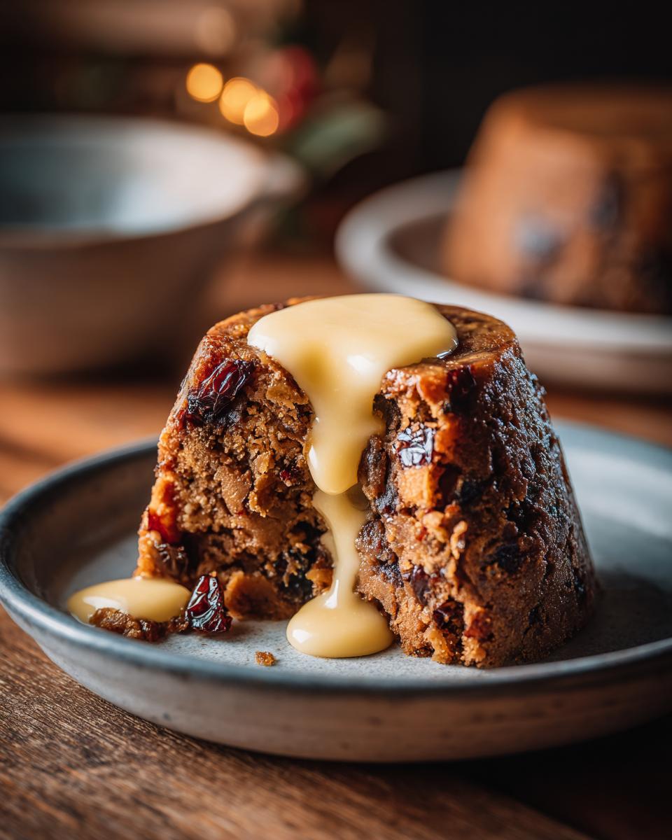 Close-up of a rich, dark plum pudding slice topped with creamy custard sauce dripping down the side.