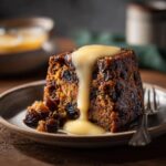 A close-up of a moist slice of plum pudding topped with rich, flowing custard sauce.