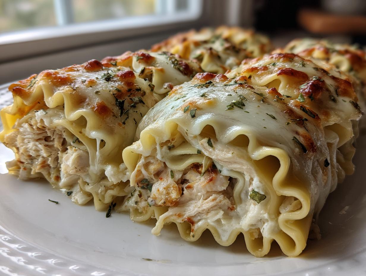 Close-up of rolled portions of chicken alfredo lasagna, topped with melted, browned cheese and herbs.