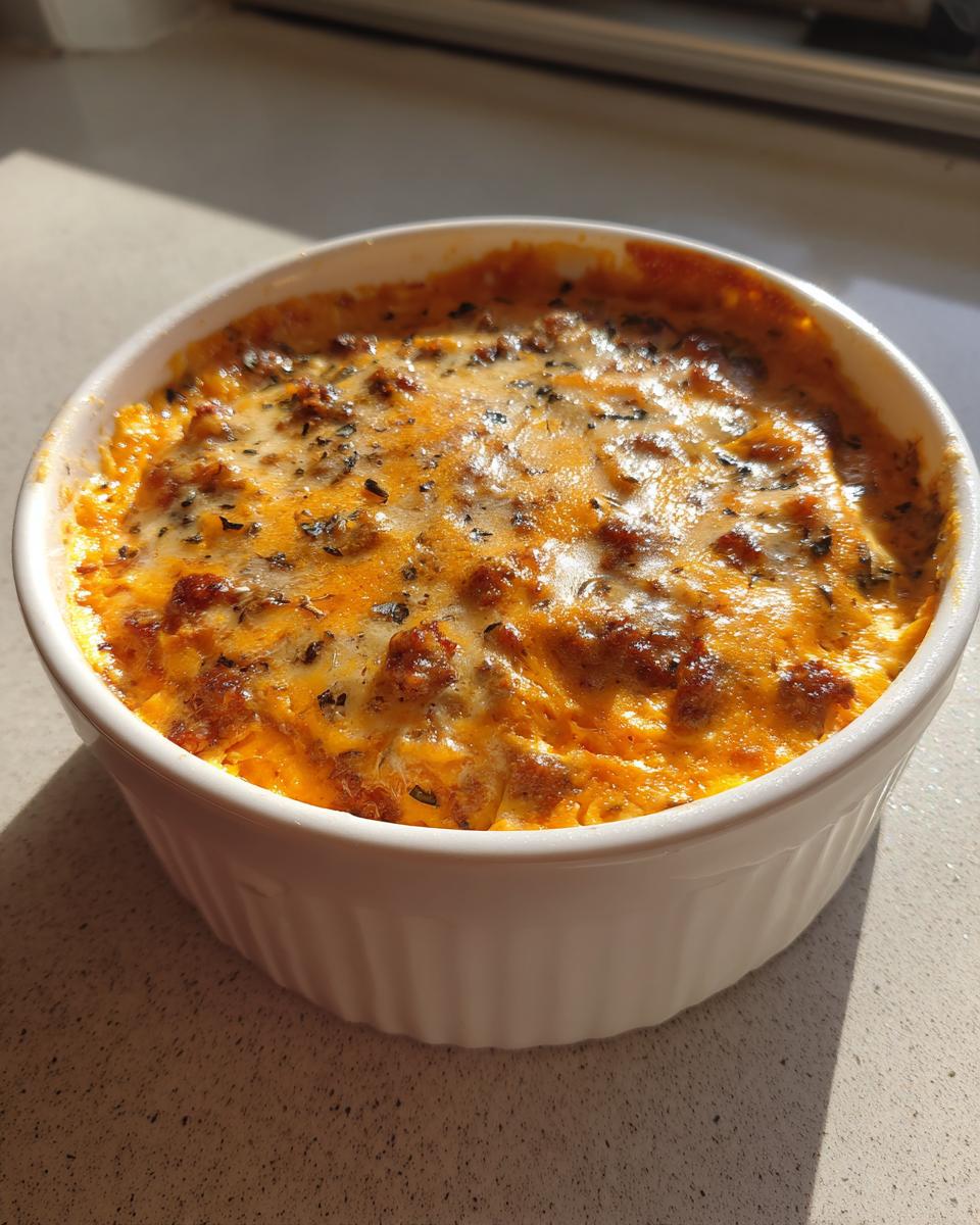 A close-up of hot, bubbly sausage cream cheese dip baked golden brown with melted cheese in a white ramekin.