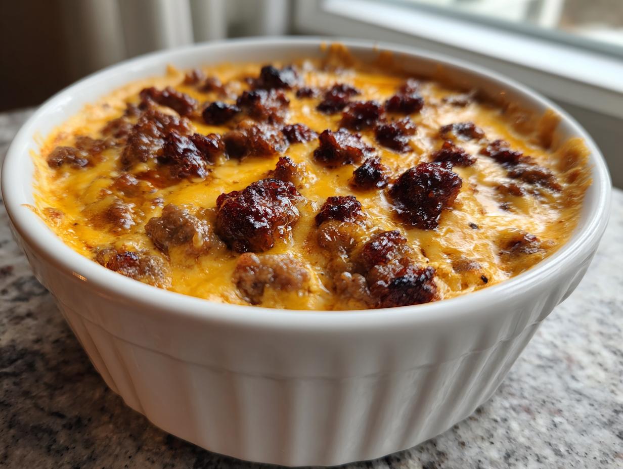 Close-up of a baked sausage cream cheese dip, bubbling with melted orange cheese and browned sausage crumbles.