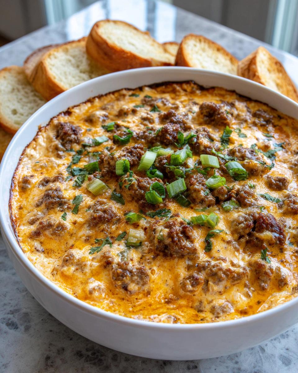 Close-up of a hot sausage cream cheese dip in a white bowl, garnished with green onions, served with toasted bread.