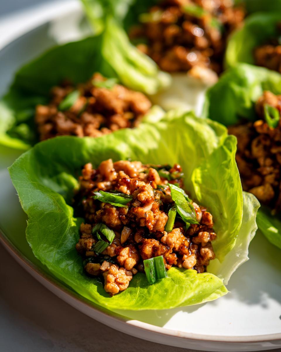 Close-up of delicious chicken lettuce wraps filled with savory ground chicken mixture and topped with green onions.