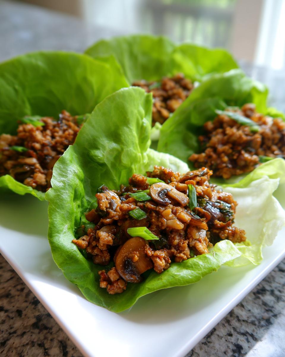 Four servings of delicious chicken lettuce wraps filled with savory ground chicken, mushrooms, and green onions.
